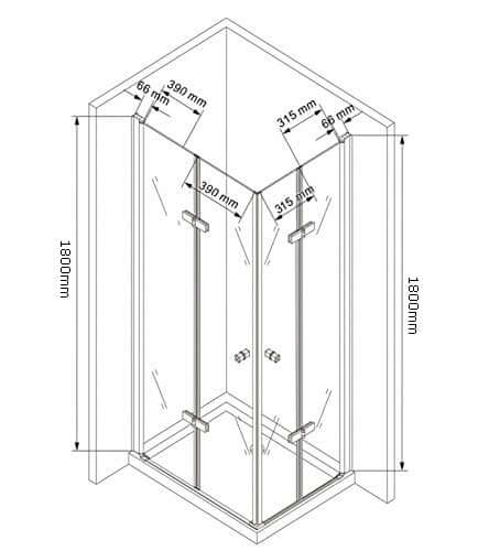 Technische Skizze der Duschkabine Akira mit den Maßen 90x75x180cm