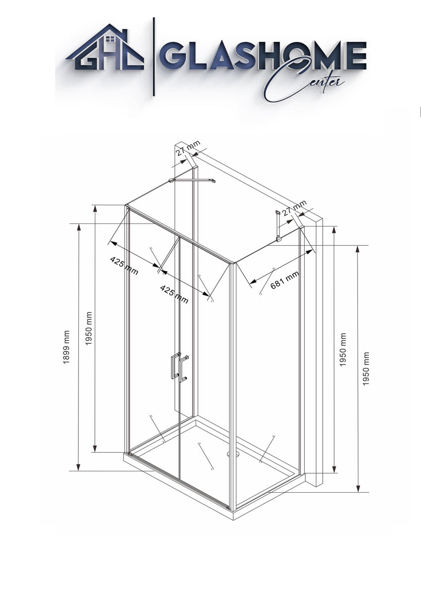 U-shower "Amaya" (100x75x195cm) - 8mm - corner shower - shower partition - without shower tray