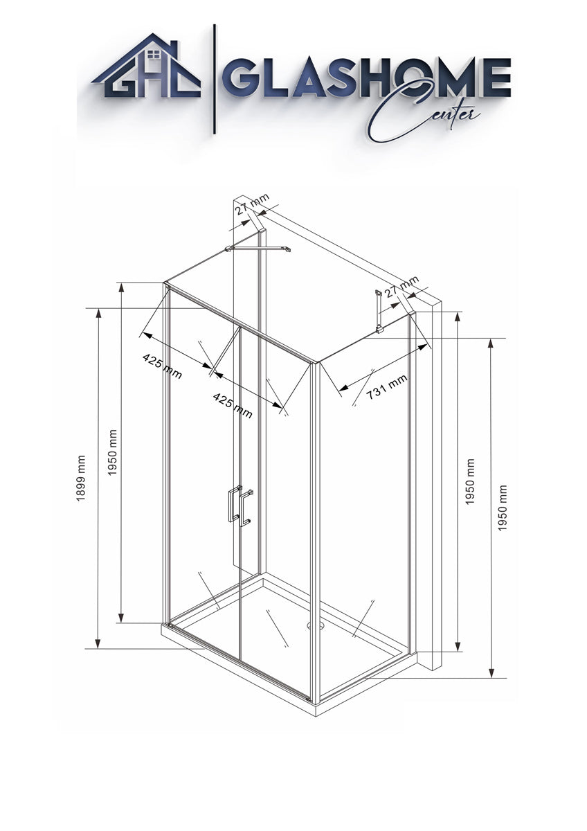 U-shower "Amaya" (100x80x195cm) - 8mm - corner shower - shower partition - without shower tray