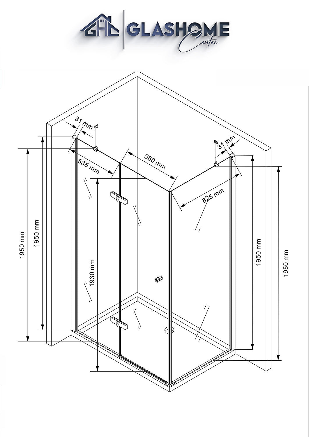 Technische Skizze der Duschkabine Airin mit den Maßen 100x100x195cm