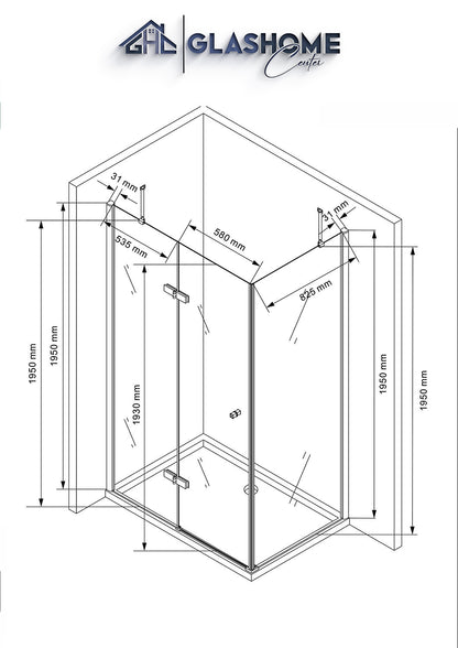 Technische Skizze der Duschkabine Airin mit den Maßen 100x100x195cm