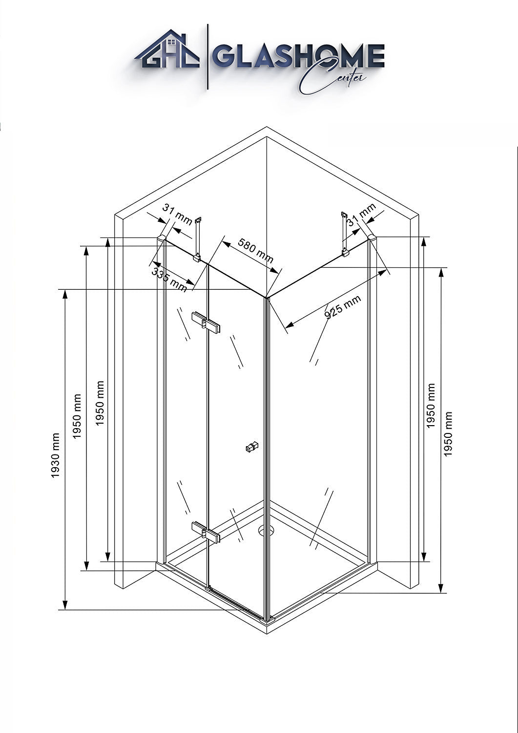 Technische Skizze der Duschkabine Airin mit den Maßen 100x100x195cm