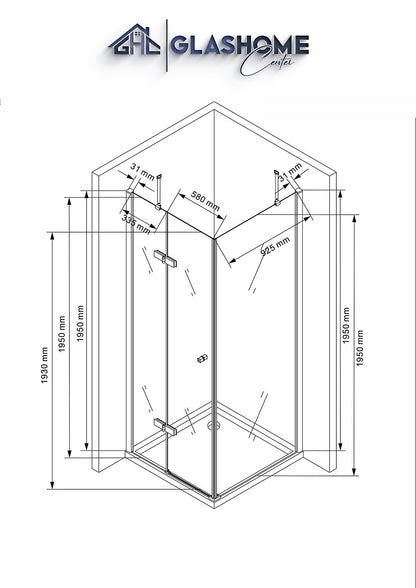 Technische Skizze der Duschkabine Airin mit den Maßen 100x100x195cm