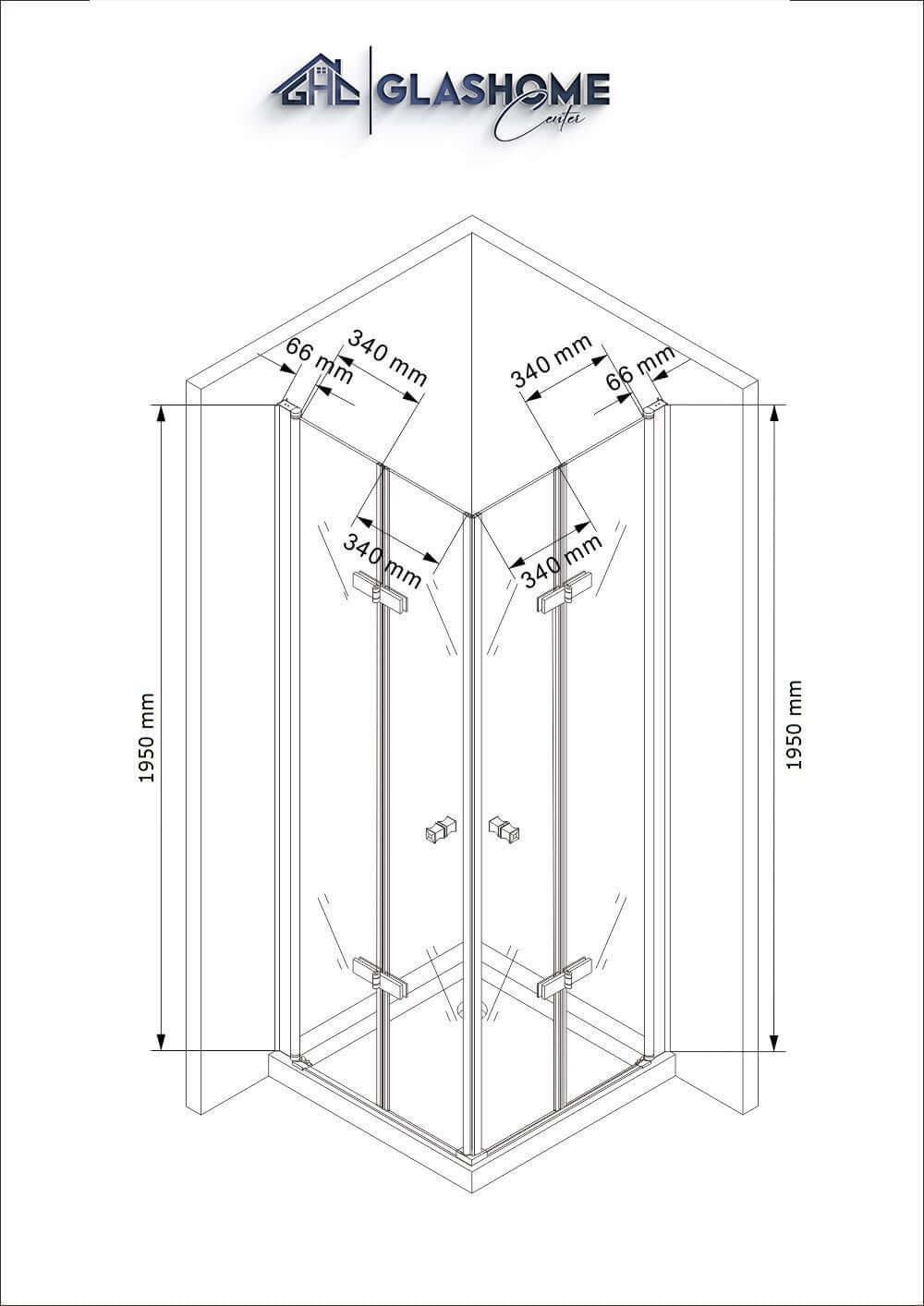 Technische Skizze der Duschkabine Akira mit den Maßen 80x80x195cm