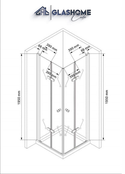 Technische Skizze der Duschkabine Akira mit den Maßen 90x90x180cm