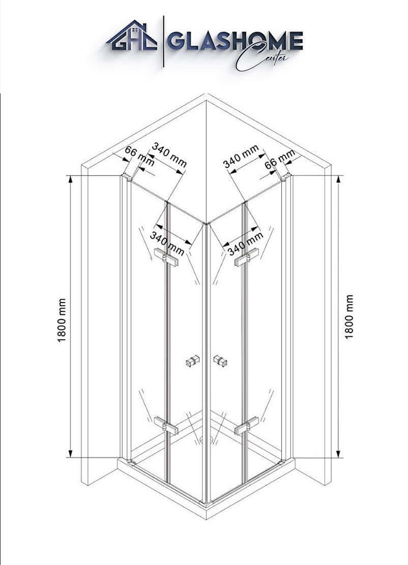 Technische Skizze der Duschkabine Akira mit den Maßen 80x80x180cm
