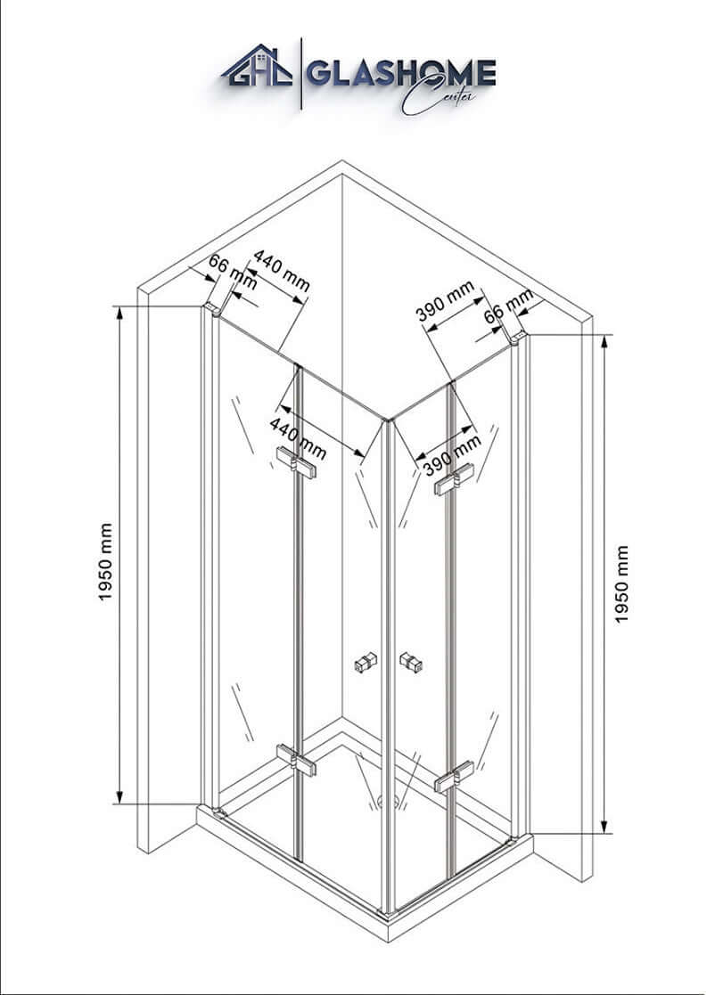Technische Skizze der Duschkabine Akira mit den Maßen 100x90x195cm