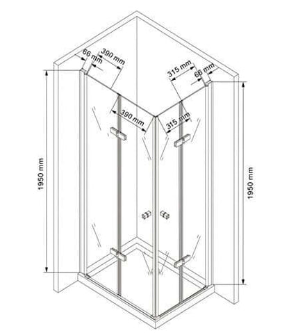 Technische Skizze der Duschkabine Akira mit den Maßen 90x75x195cm