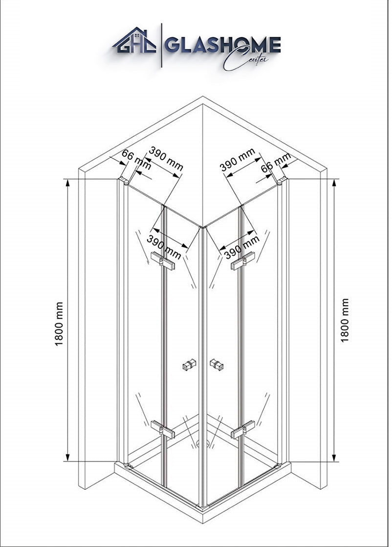 Technische Skizze der Duschkabine Akira mit den Maßen 90x90x180cm